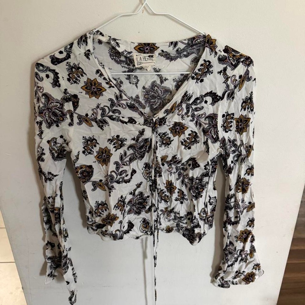 LA Hearts White Black Floral Tie Front Long Sleeve Blouse Small Fairycore